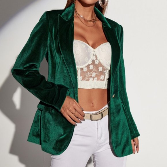 CHIC DOLLZ Green Single Button Velvet Blazer conte - Picture 4 of 6